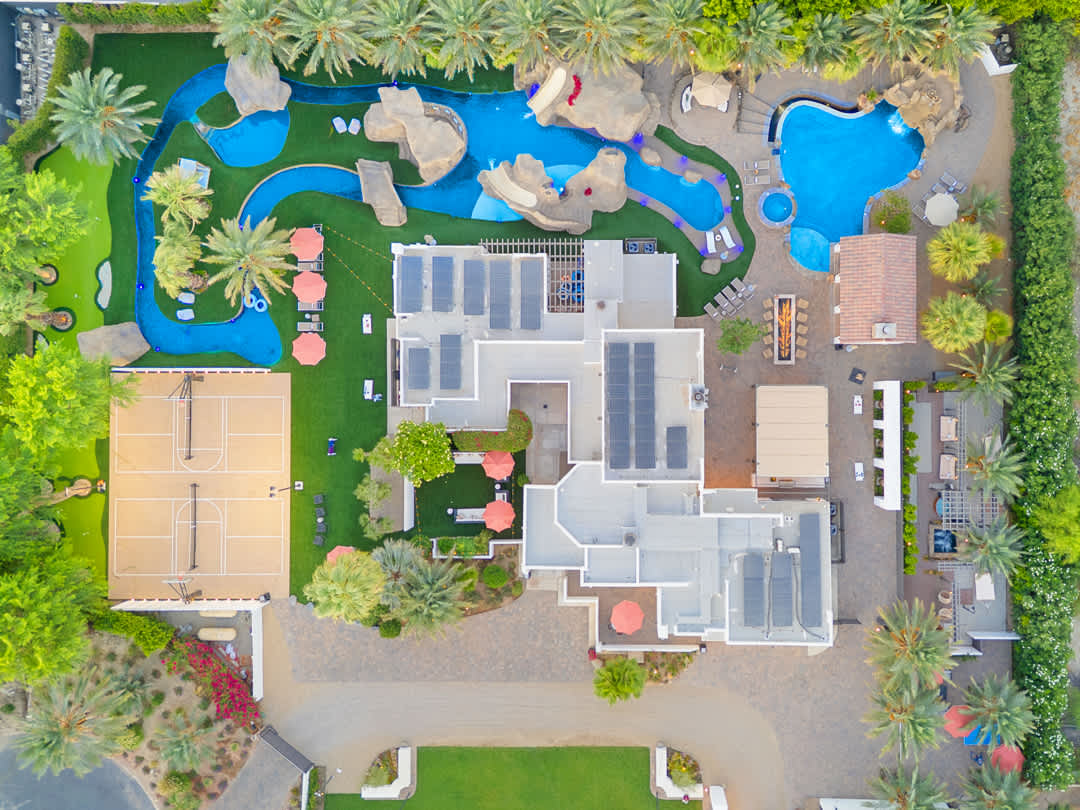 An overhead view of the Ranch, pools, and courts