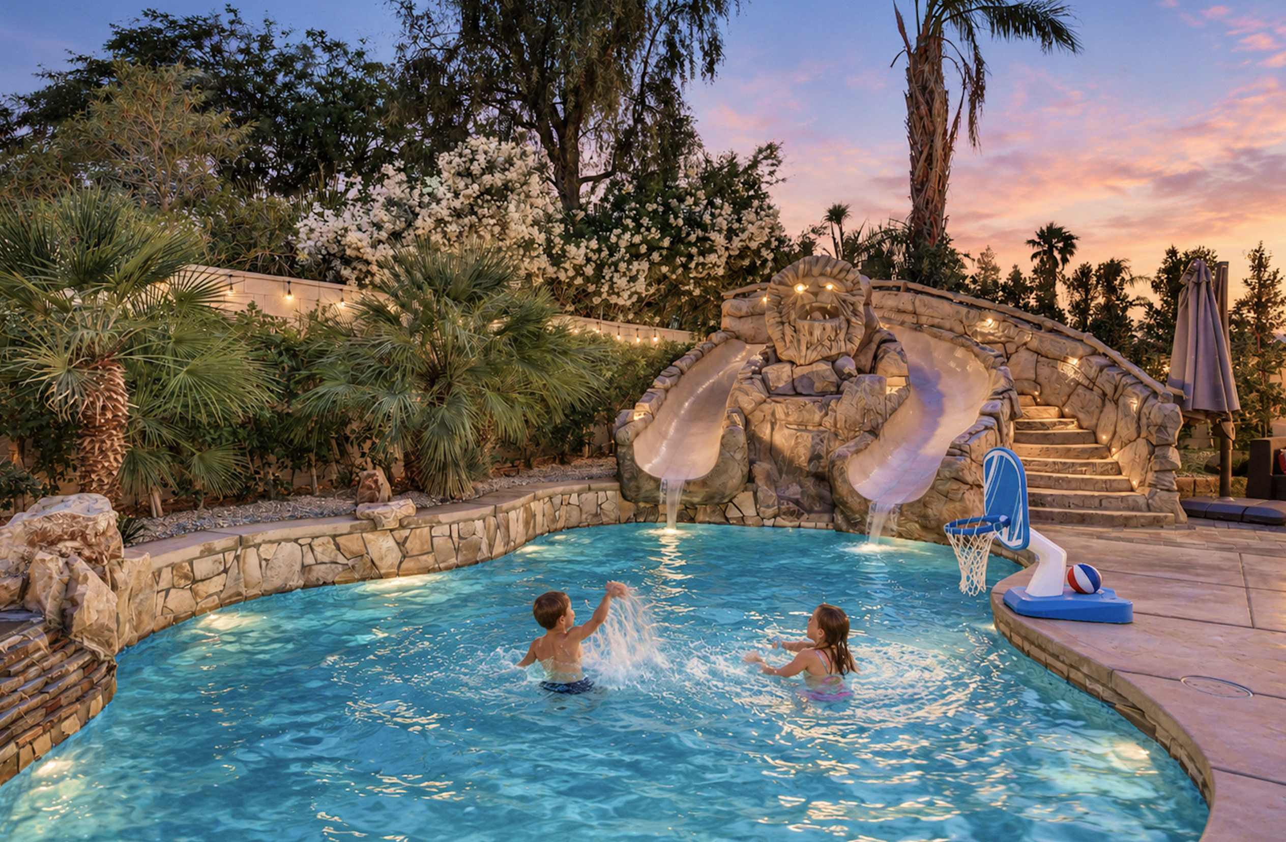 Wonderscape’s pool and lion-shaped double waterslide